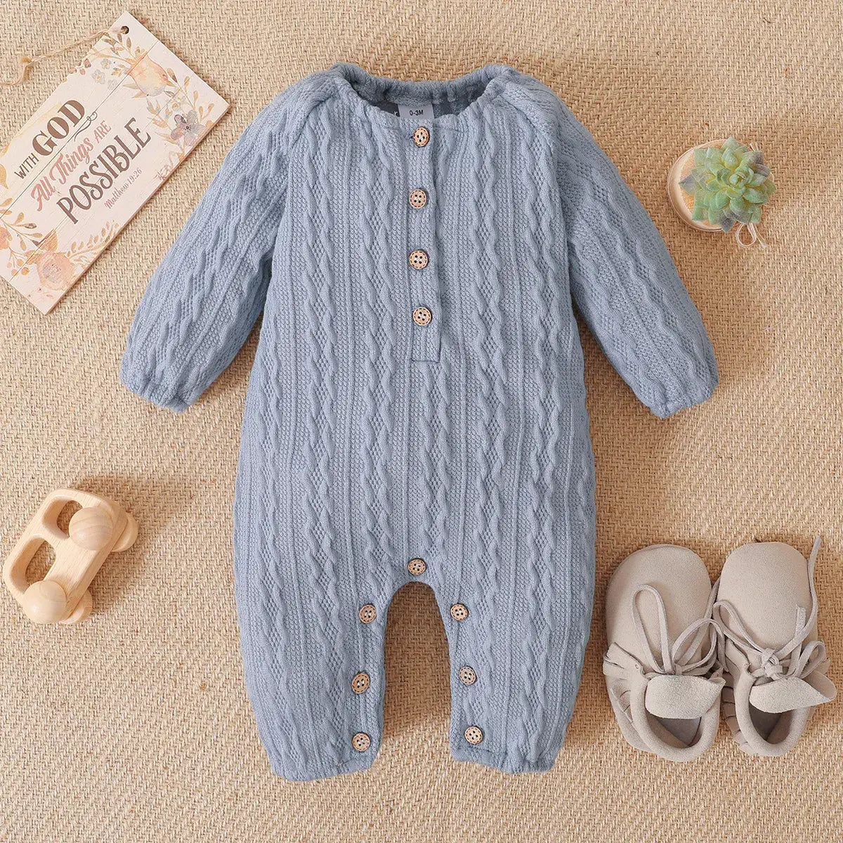 Solid Knitted Button Design Long-sleeve Baby Jumpsuit