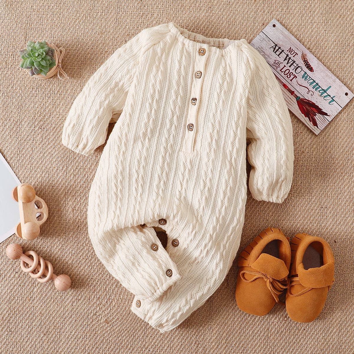 Solid Knitted Button Design Long-sleeve Baby Jumpsuit