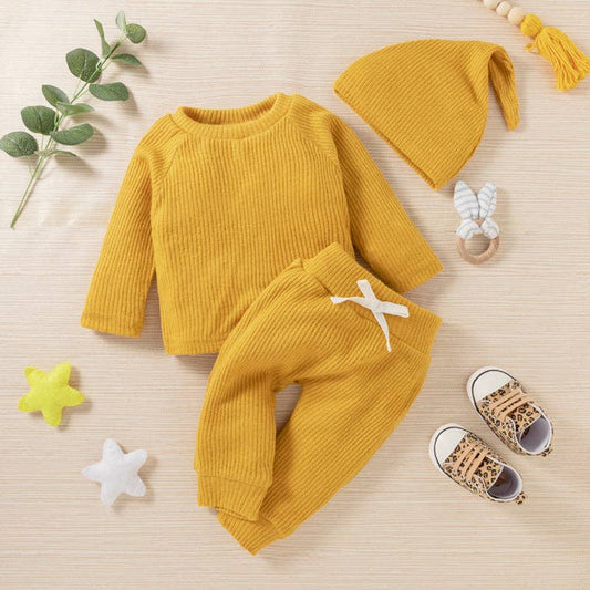 Baby 3pcs Solid Ribbed Long-sleeve and Trouser Set