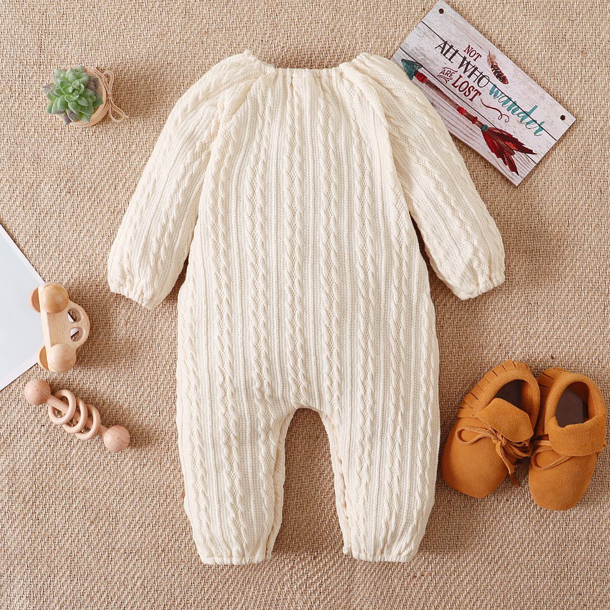 Solid Knitted Button Design Long-sleeve Baby Jumpsuit