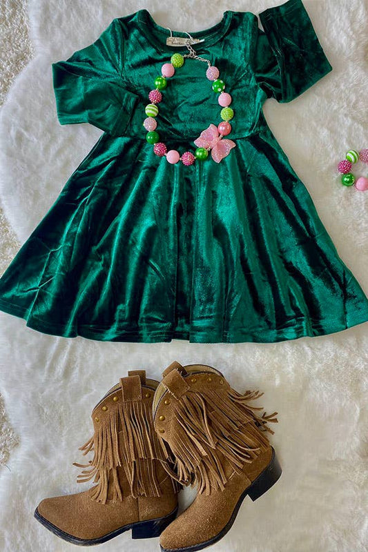 XCH0017-5H Kids Solid long sleeve green velvet girls dress