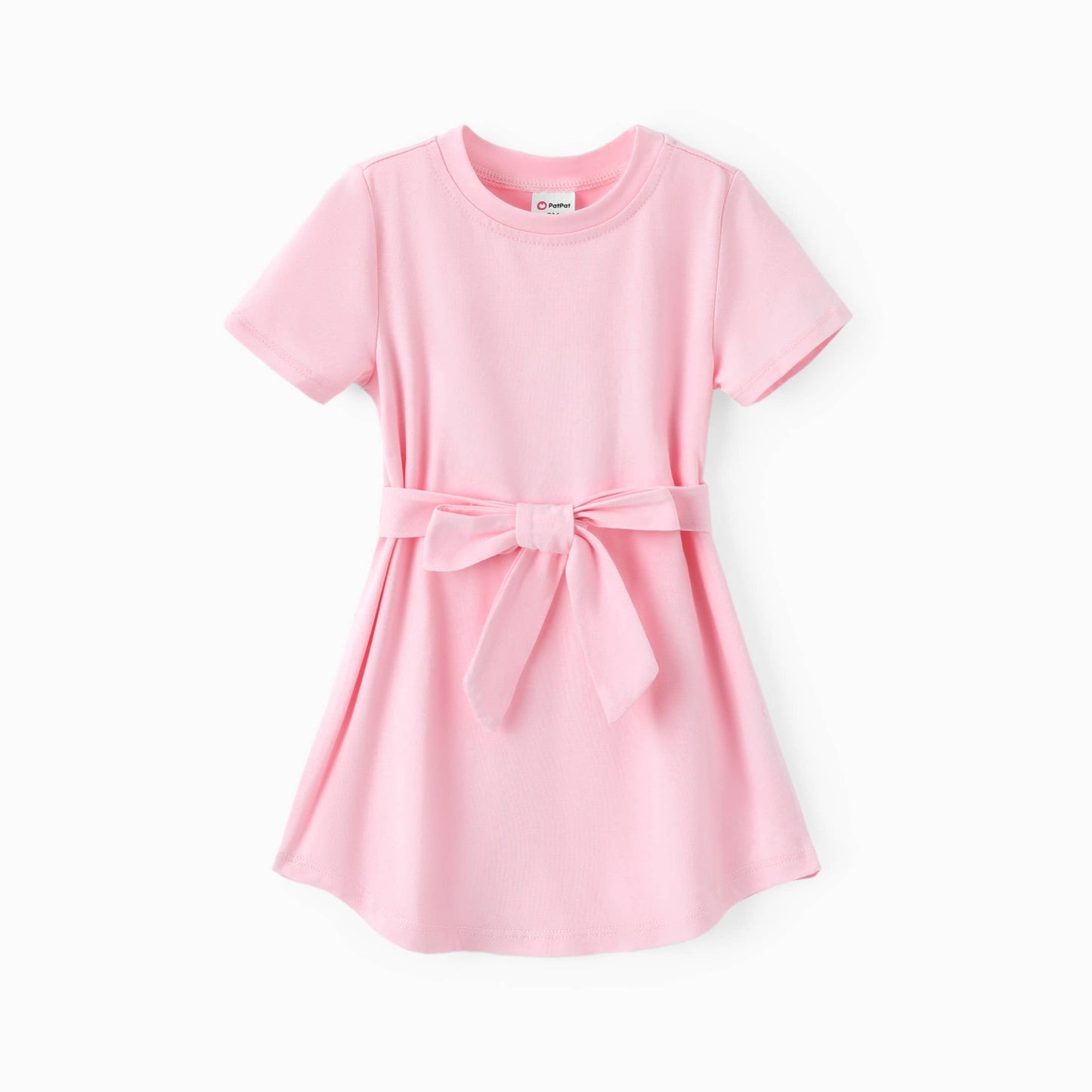 Toddler Girl Solid Curved Hem Short-sleeve Belted Dress