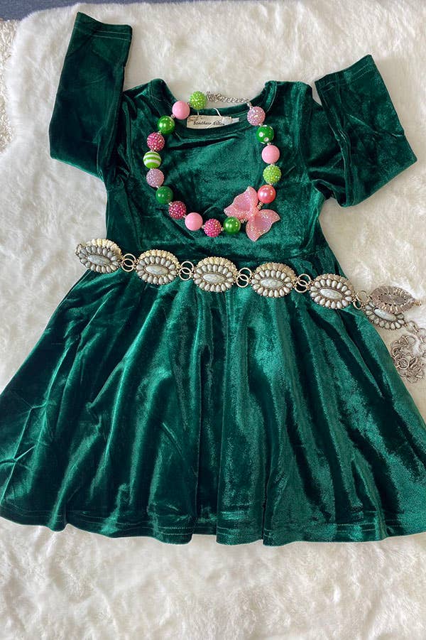 XCH0017-5H Kids Solid long sleeve green velvet girls dress