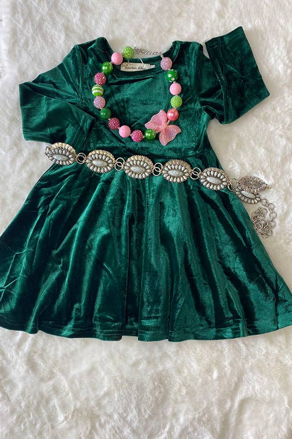 XCH0017-5H Kids Solid long sleeve green velvet girls dress