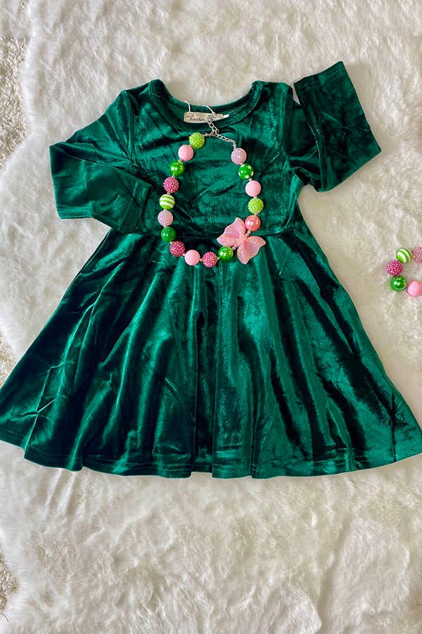 XCH0017-5H Kids Solid long sleeve green velvet girls dress