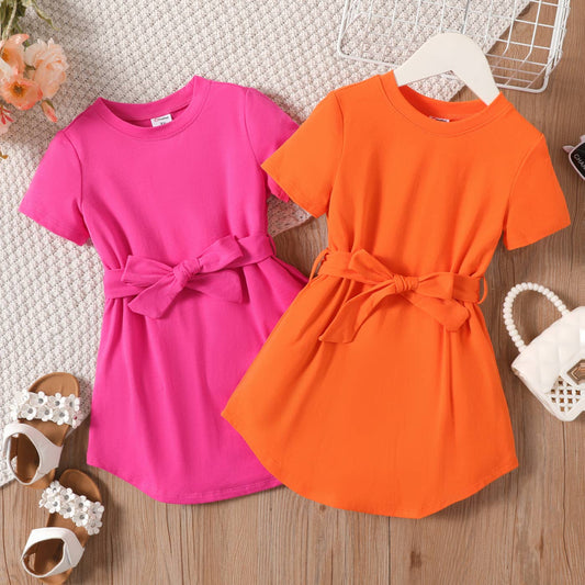 Toddler Girl Solid Curved Hem Short-sleeve Belted Dress