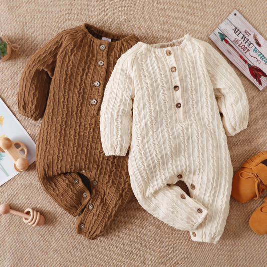 Solid Knitted Button Design Long-sleeve Baby Jumpsuit