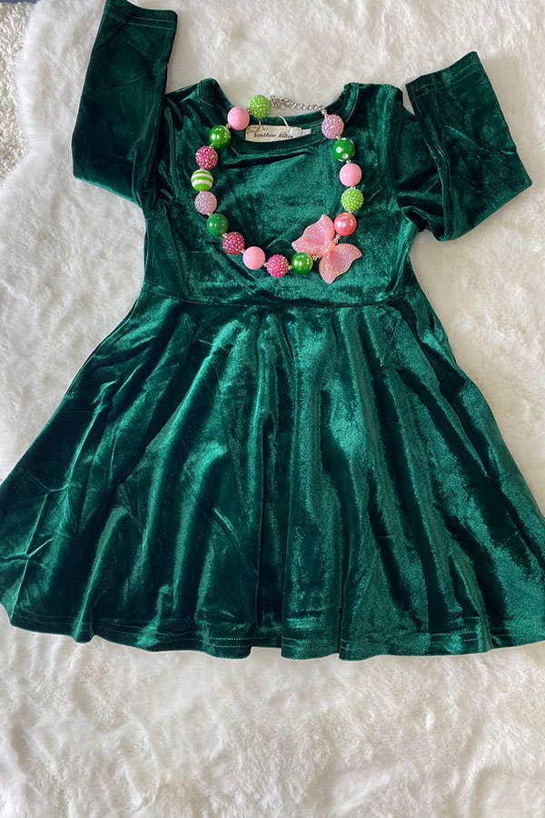 XCH0017-5H Kids Solid long sleeve green velvet girls dress