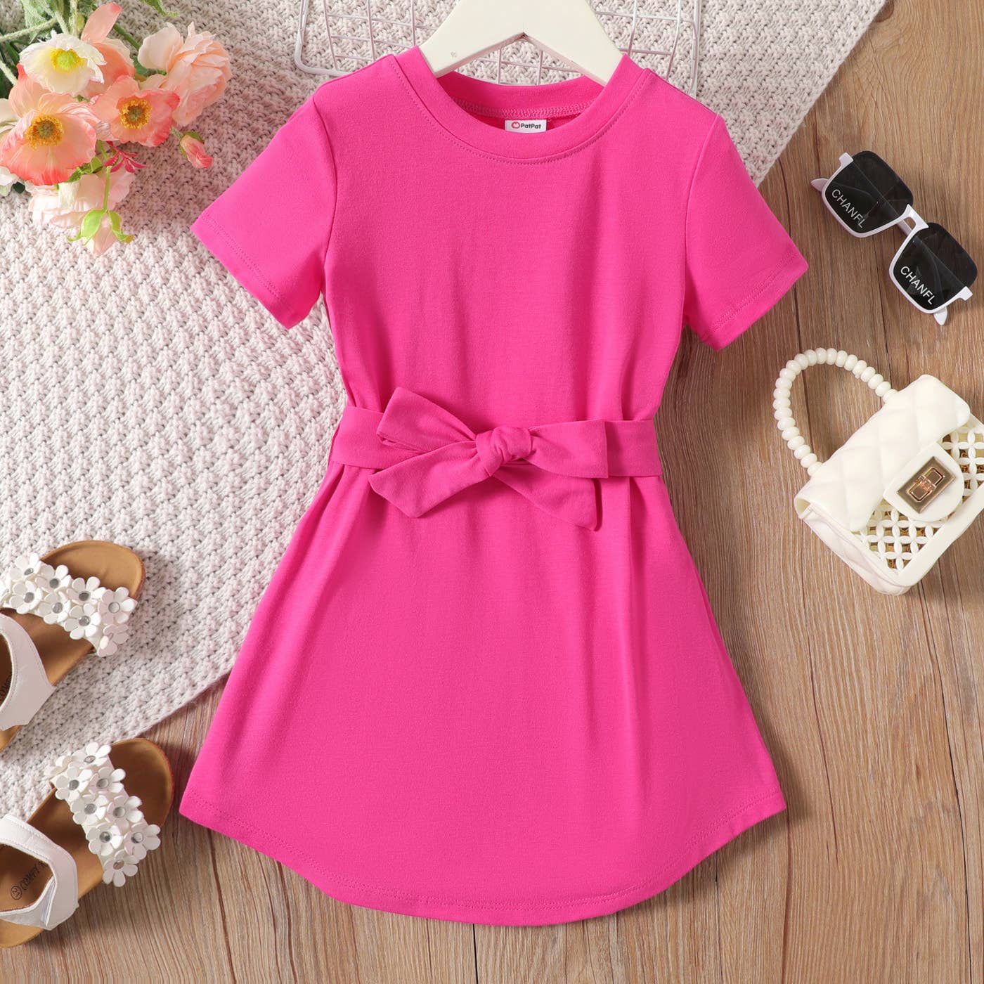 Toddler Girl Solid Curved Hem Short-sleeve Belted Dress