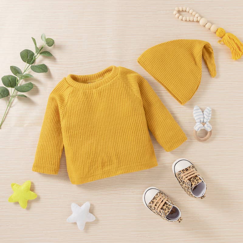 Baby 3pcs Solid Ribbed Long-sleeve and Trouser Set